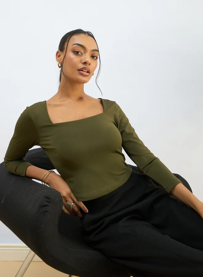 SASSAFRAS Sassafras Olive Square Neck Knitted Crop Top