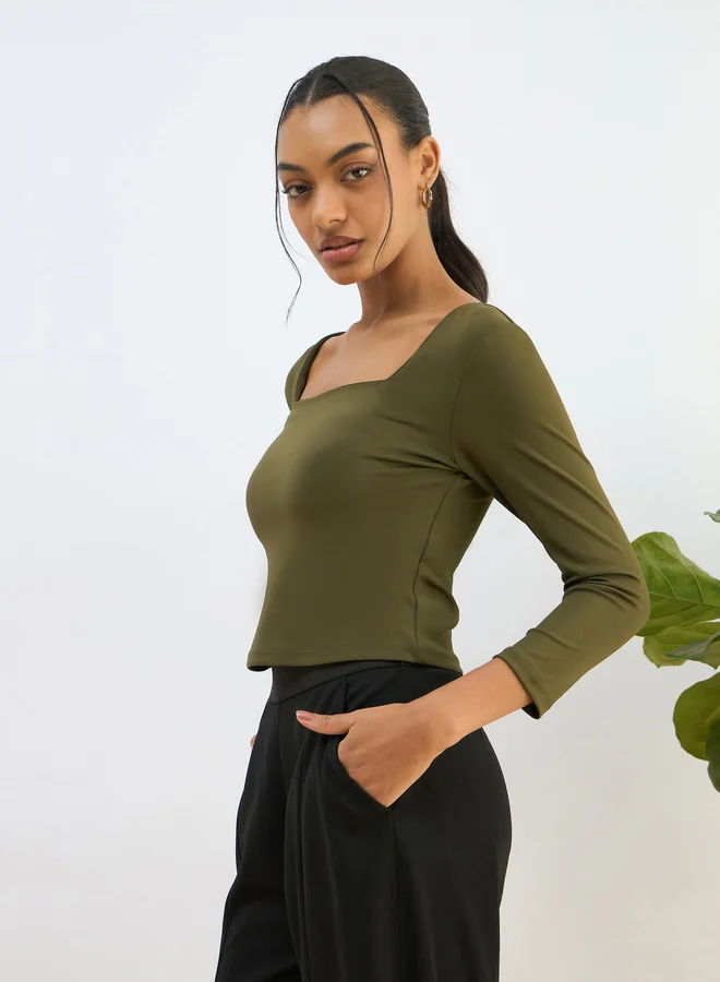 SASSAFRAS Sassafras Olive Square Neck Knitted Crop Top
