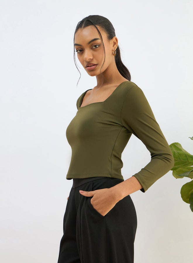 SASSAFRAS Olive Square Neck Knitted Crop Top - Image 3