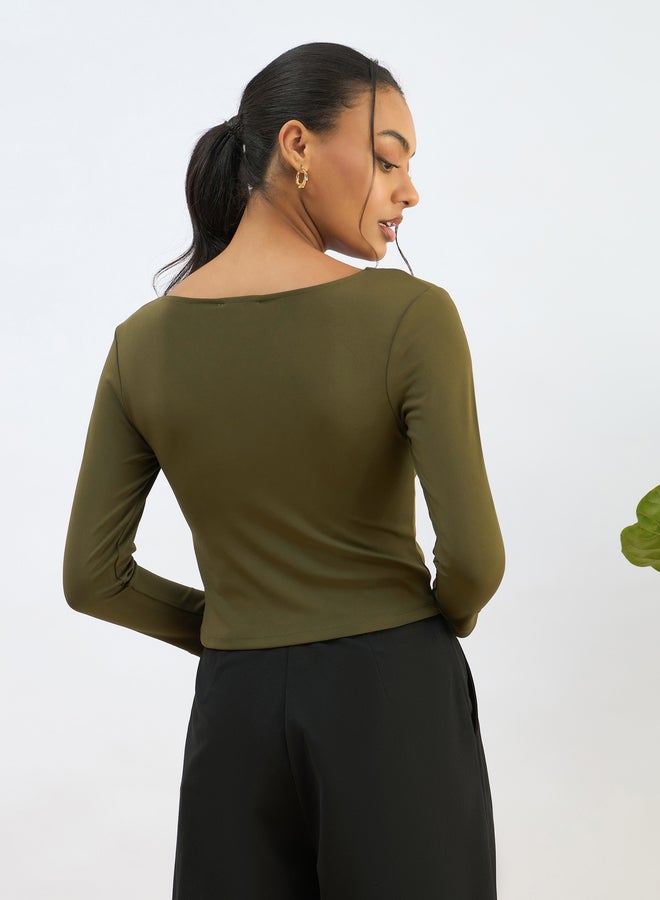 SASSAFRAS Olive Square Neck Knitted Crop Top - Image 5