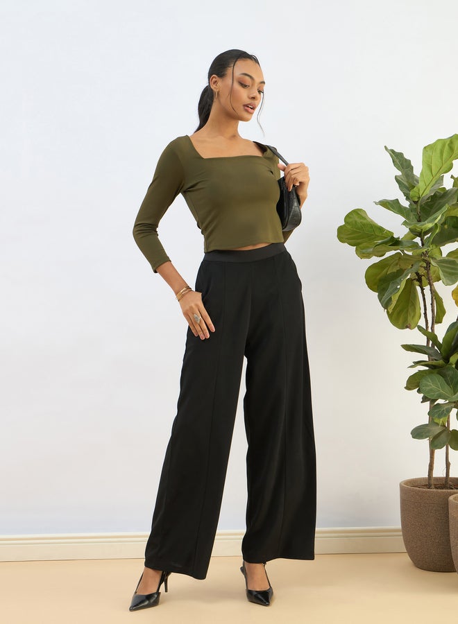 SASSAFRAS Olive Square Neck Knitted Crop Top - Image 2