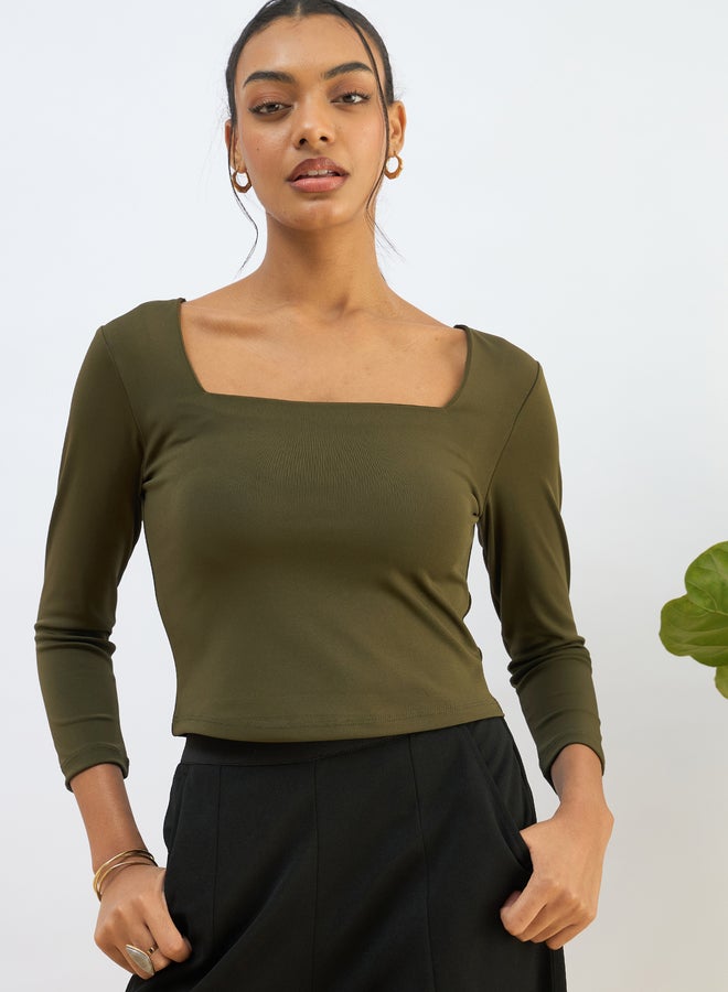 SASSAFRAS Olive Square Neck Knitted Crop Top - Image 1