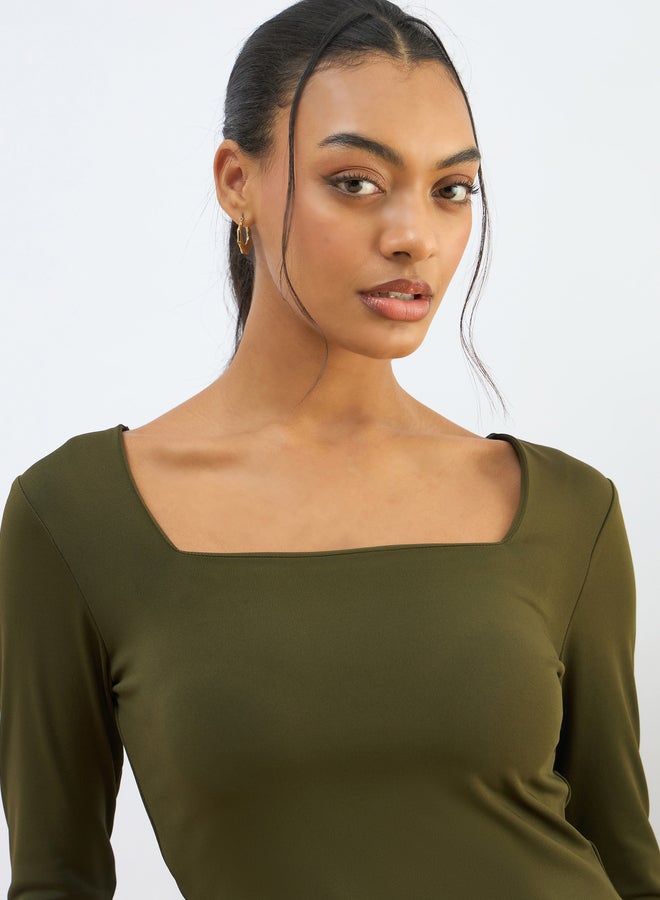SASSAFRAS Olive Square Neck Knitted Crop Top - Image 4