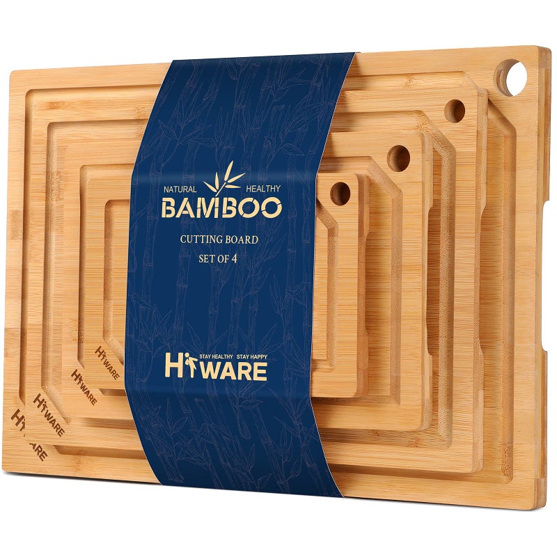 Hiware 4-Piece Extra Large Bamboo Cutting Boards Set for Kitchen, Heavy Duty Cutting Board with Juice Groove, Bamboo Chopping Board Set for Meat, Vegetables - Pre Oiled - Image 1