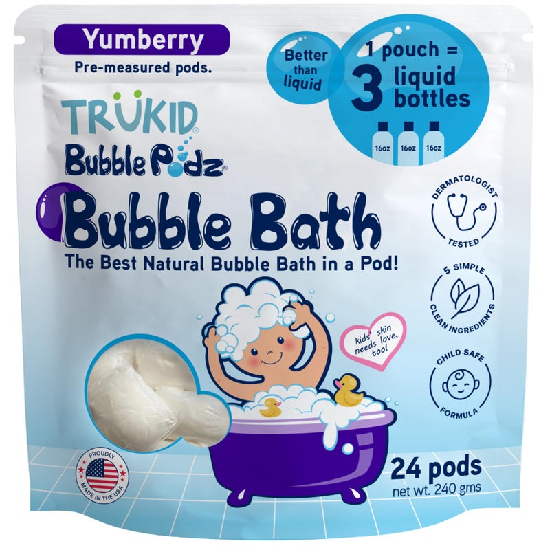 TruKid Bubble Podz Bubble Bath for Kids, Toddlers, & Babies, Tear Free Gentle & Refreshing Bath Bomb for Sensitive Skin with Natural Moisturizers, Non-Toxic, pH Balanced, Yumberry Scent (24 Podz) - Image 1