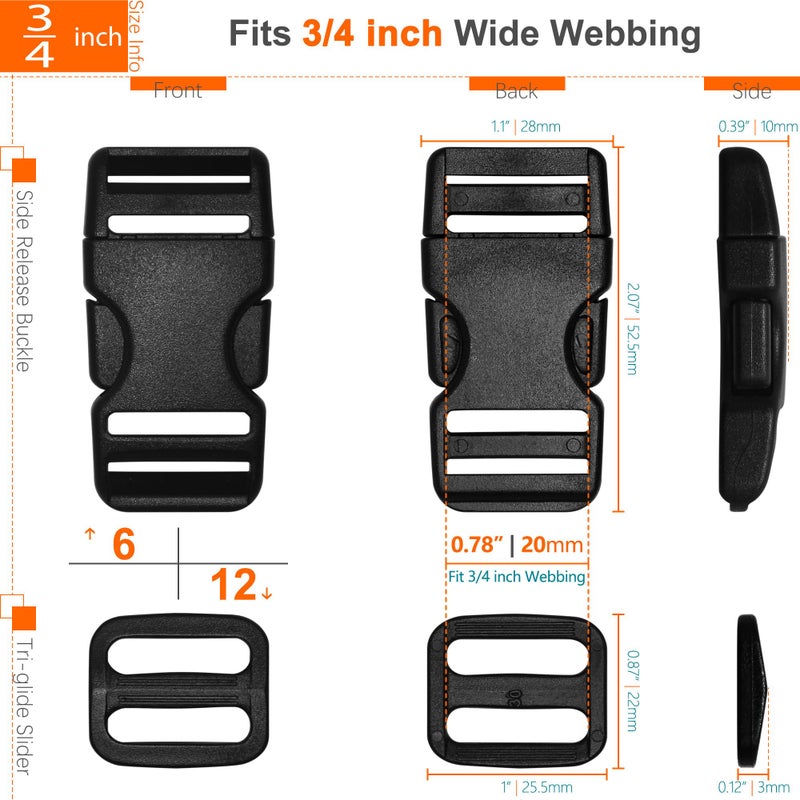 HISUNTEC Buckles for 3/4" Straps: 6 set Side Release Buckle and 12 pcs Tri-Glide Sliders Fit 0.75 inch (20 mm) Wide Nylon Webbing, Plastic Snap Clips Quick Fasteners Replacement Dual Adjustable - Image 2