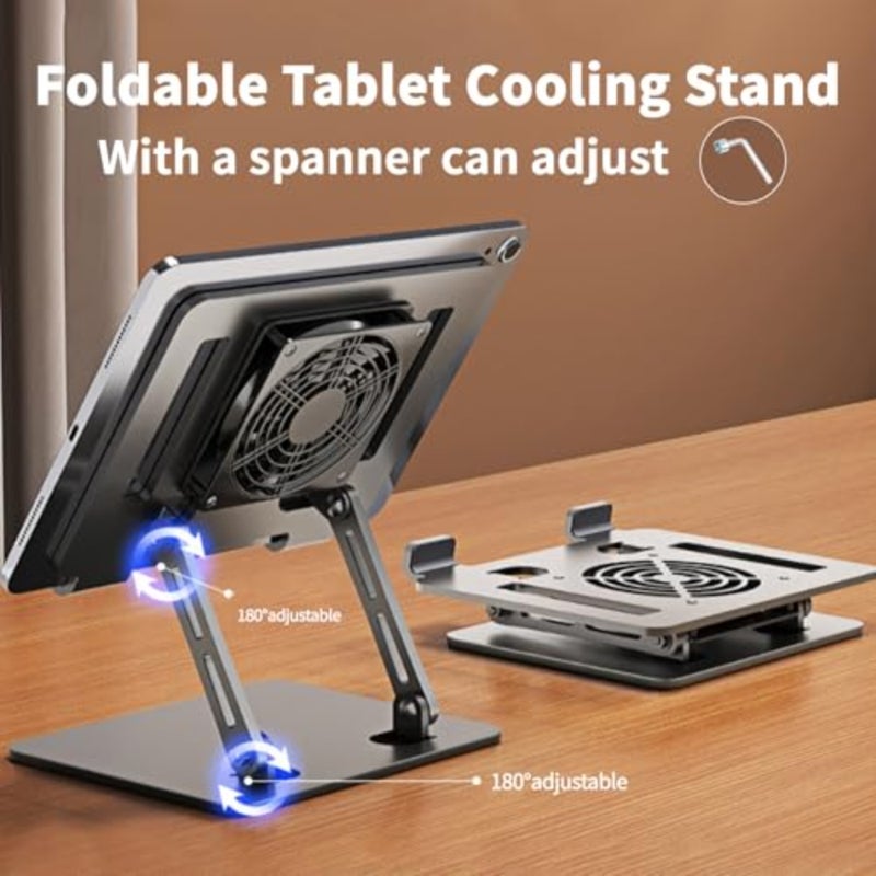 Aluminum Laptop Cooling Stand with Fan for 10-17 Inch Laptops, Silver Ergonomic Foldable Adjustable Height Pad - Image 2