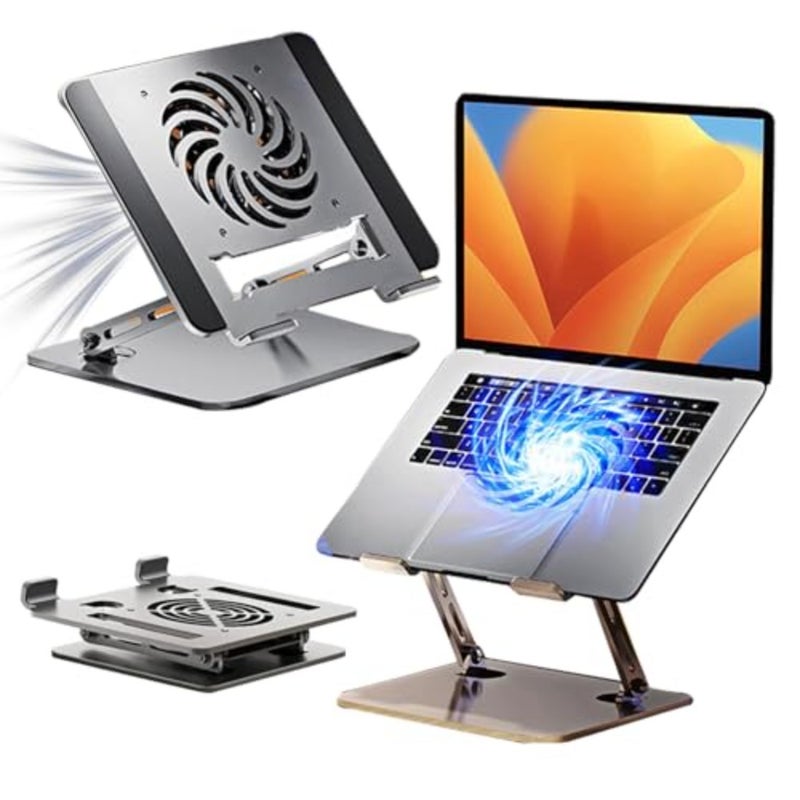 Aluminum Laptop Cooling Stand with Fan for 10-17 Inch Laptops, Silver Ergonomic Foldable Adjustable Height Pad - Image 1