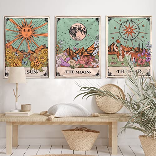 Aipon Tarot Tapestry Cute Tarot Card Tapestries 3 Pack Sun Moon Star Green Floral Flower Small Aesthetic Tapestry Wall Hanging for Bedroom Living Room Dorm (15'' × 20'') - Image 2