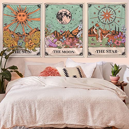 Aipon Tarot Tapestry Cute Tarot Card Tapestries 3 Pack Sun Moon Star Green Floral Flower Small Aesthetic Tapestry Wall Hanging for Bedroom Living Room Dorm (15'' × 20'') - Image 3