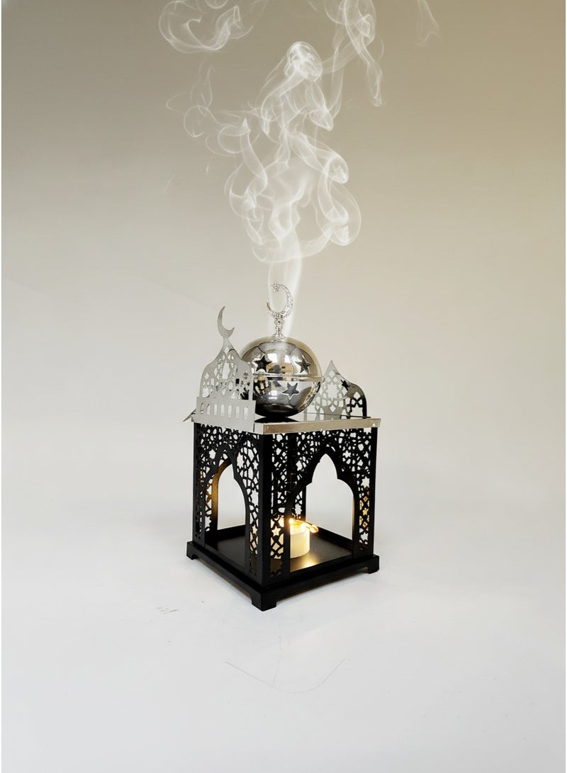 Living Black Islamic Ramadan Lantern with Silver Incense Burner - Image 3