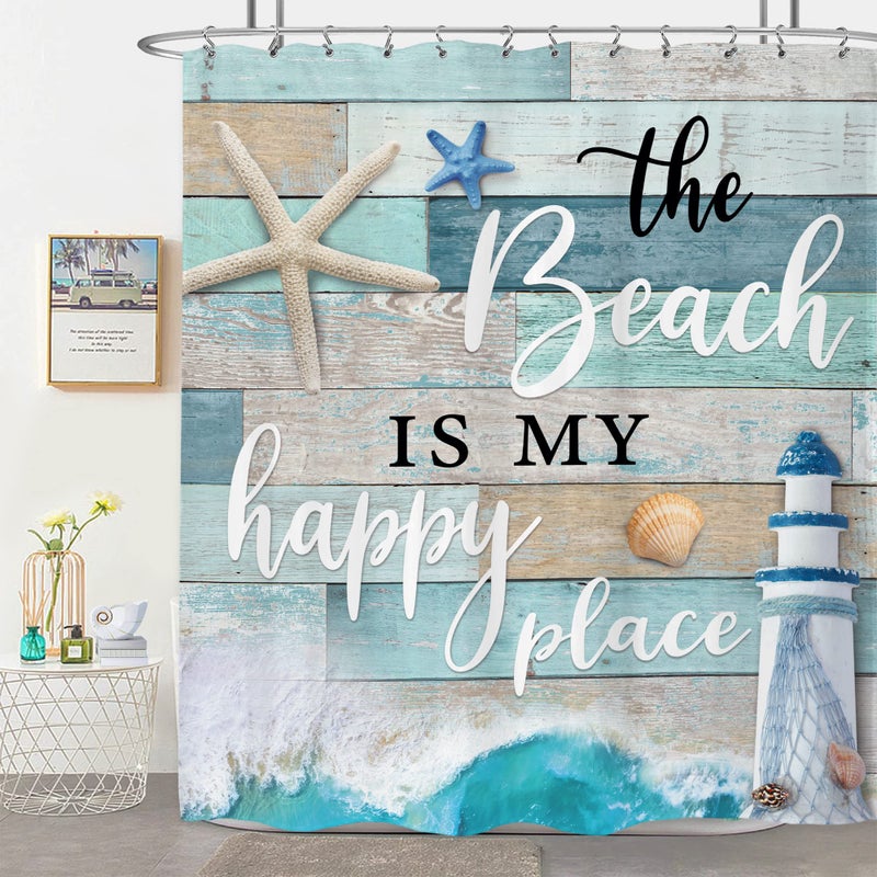 LIGHTINHOME Beach Shower Curtain 60Wx72H Inches Ocean Quotes Vintage Rustic Wooden Nautical Coastal Starfish Cloth Fabric Waterproof Polyester Bathroom Home Decor Set with 12 Pack Plastic Hooks