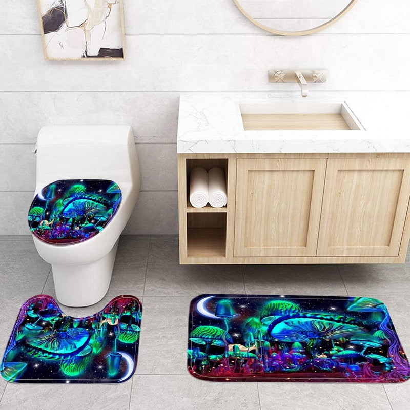 jieprom 4PCS Mushroom Bathroom Shower Curtain Set with Rugs, Toilet Lid Cover and Bath Mat, Moon and Stars with 12 Hooks, Durable Bathroom Decor Set - Image 2