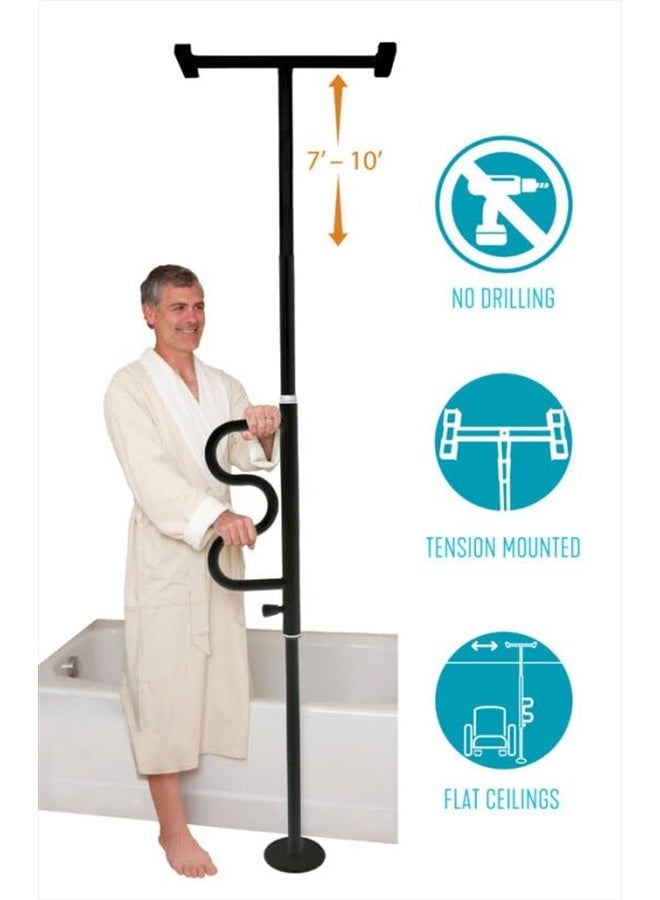 Stander Security Pole and Curve Grab Bar, Elderly Tension Mounted Floor to Ceiling Transfer Pole, Bathroom Safety Assist and Stability Rail, Metallic Black - Image 5