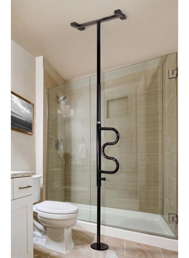 Stander Security Pole and Curve Grab Bar, Elderly Tension Mounted Floor to Ceiling Transfer Pole, Bathroom Safety Assist and Stability Rail, Metallic Black - Image 1