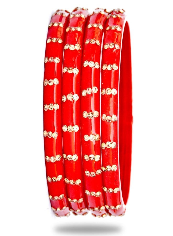 JD'Z COLLECTION مجموعة JD'Z COLLECTION أساور زجاجية هندية للنساء، طقم مجوهرات مكون من 4 قطع مناسب لحفلات الزفاف على طراز بوليوود، أساور هندية متناسقة مع الأزياء | مثالية للاستخدام اليومي (أحمر، 2.8) - Image 2