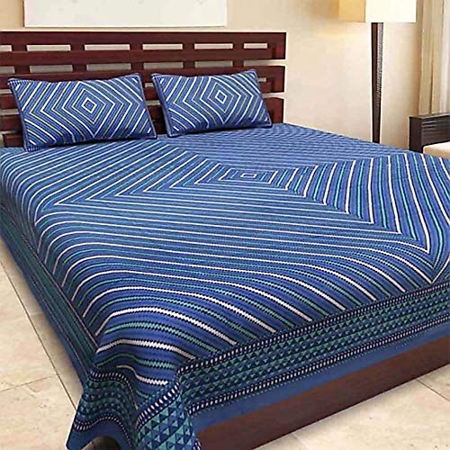 BedZone Jaipuri Print 100 Cotton King Size Bedsheet with 2 Pillow Covers for Double Bed Blue