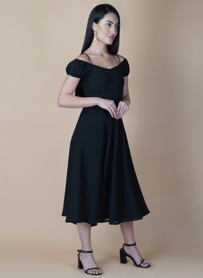 RAASSIO Black Georgette Midi Dress for Women - Image 3