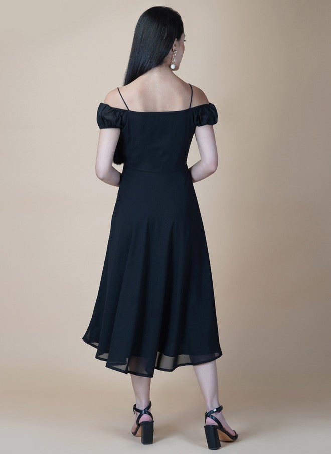 RAASSIO Black Georgette Midi Dress for Women - Image 5
