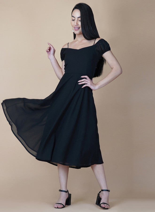 RAASSIO Black Georgette Midi Dress for Women - Image 1