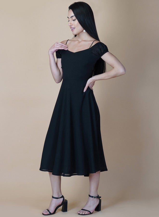 RAASSIO Black Georgette Midi Dress for Women - Image 4