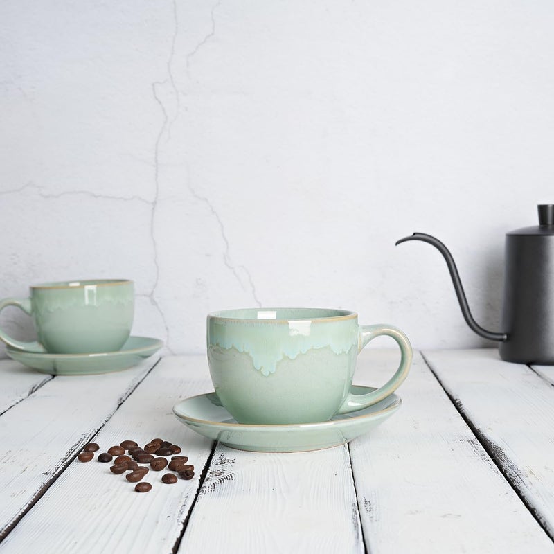 Bosmarlin Ceramic Cappuccino Cup and Saucer Set of 2 10 Oz Coffee Cups for Latte Espresso Tea Dishwasher and Microwave Safe Reavtive Glaze Green - Image 4