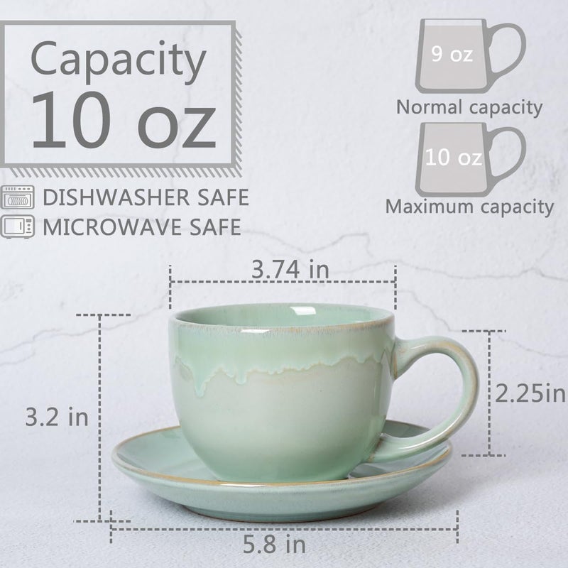 Bosmarlin Ceramic Cappuccino Cup and Saucer Set of 2 10 Oz Coffee Cups for Latte Espresso Tea Dishwasher and Microwave Safe Reavtive Glaze Green - Image 2