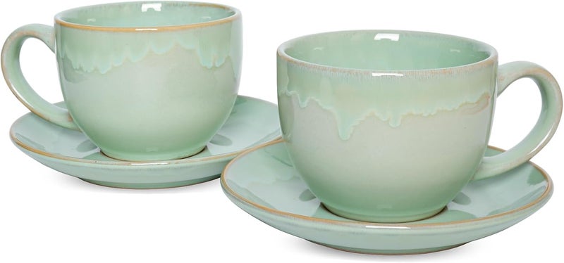 Bosmarlin Ceramic Cappuccino Cup and Saucer Set of 2 10 Oz Coffee Cups for Latte Espresso Tea Dishwasher and Microwave Safe Reavtive Glaze Green - Image 1