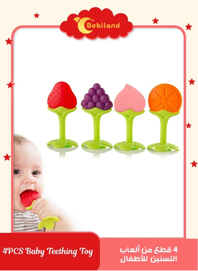 بيبي لاند ألعاب تسنين بشكل موزة وفواكه وزرافة من السيليكون لتهدئة لثة حديثي الولادة، خالية من مادة البيسفينول أ وآمنة للثلاجة وبحقيبة حفظ من شواي (4 قطع) - Image 1