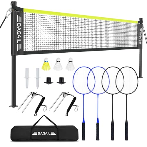 BAGAIL Outdoor Badminton Net Set with AntiSag Winch System Official Size 20ft x 5ft 4 Rackets 3 Shuttlecocks Durable PE Net Carry Bag for Backyard Beach Family Games Yellow - Image 1