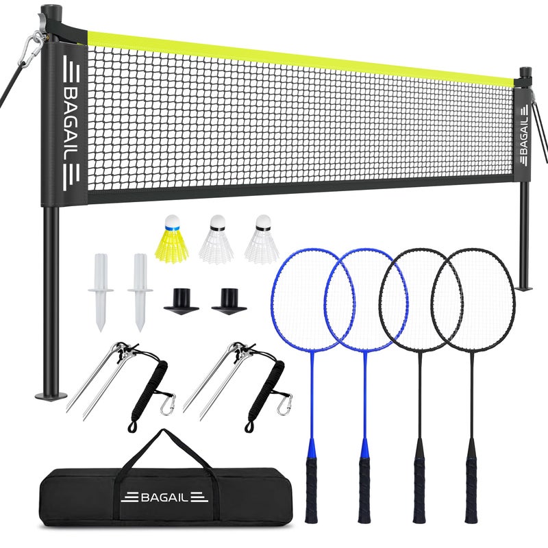 BAGAIL Outdoor Badminton Net Set with AntiSag Winch System Official Size 20ft x 5ft 4 Rackets 3 Shuttlecocks Durable PE Net Carry Bag for Backyard Beach Family Games Yellow - Image 2