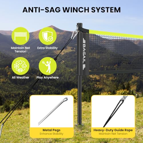 BAGAIL Outdoor Badminton Net Set with AntiSag Winch System Official Size 20ft x 5ft 4 Rackets 3 Shuttlecocks Durable PE Net Carry Bag for Backyard Beach Family Games Yellow - Image 3