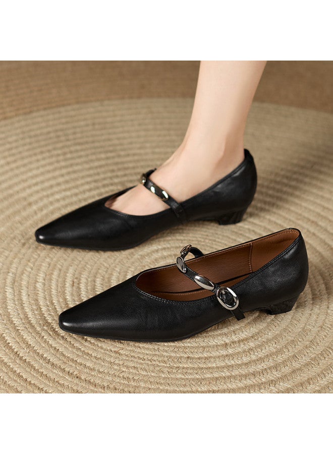 St&Sat Early Spring New Arrival] 26 New Mary Jane Pointed Toe Fashion Square Heel Rhinestone Low Heel Shallow Mouth French Women's Single Shoes - Image 2