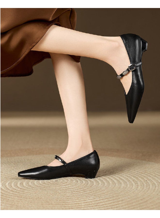 St&Sat Early Spring New Arrival] 26 New Mary Jane Pointed Toe Fashion Square Heel Rhinestone Low Heel Shallow Mouth French Women's Single Shoes - Image 1