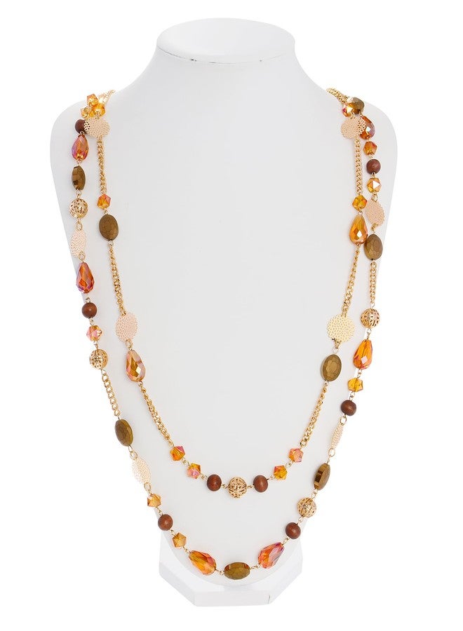 بوكار قلادة بوكار ذات طبقتين بسلسلة طويلة مرصعة بالكريستال للنساء، هدية مثالية للحفلات (NK-10084-Orange) - Image 4