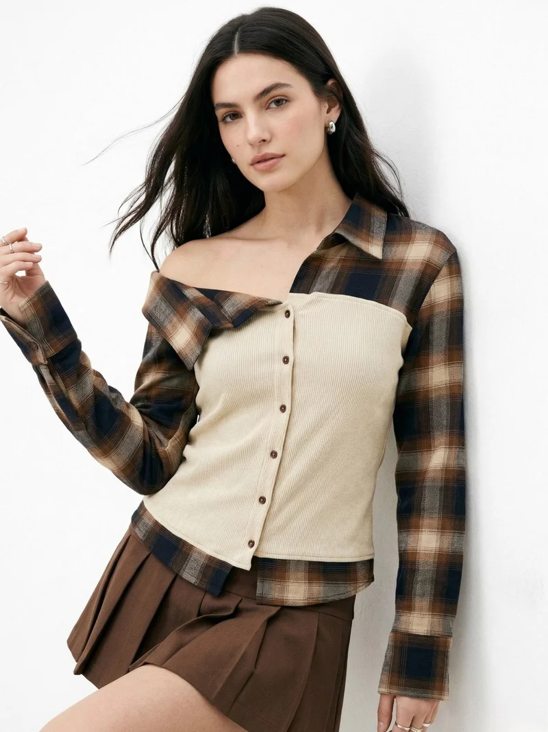 أوجيدر Beige Ribbed Tube Top With Checkered Off-Shoulder Style