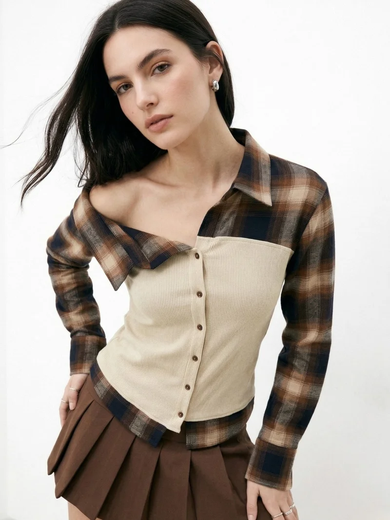 أوجيدر Beige Ribbed Tube Top With Checkered Off-Shoulder Style