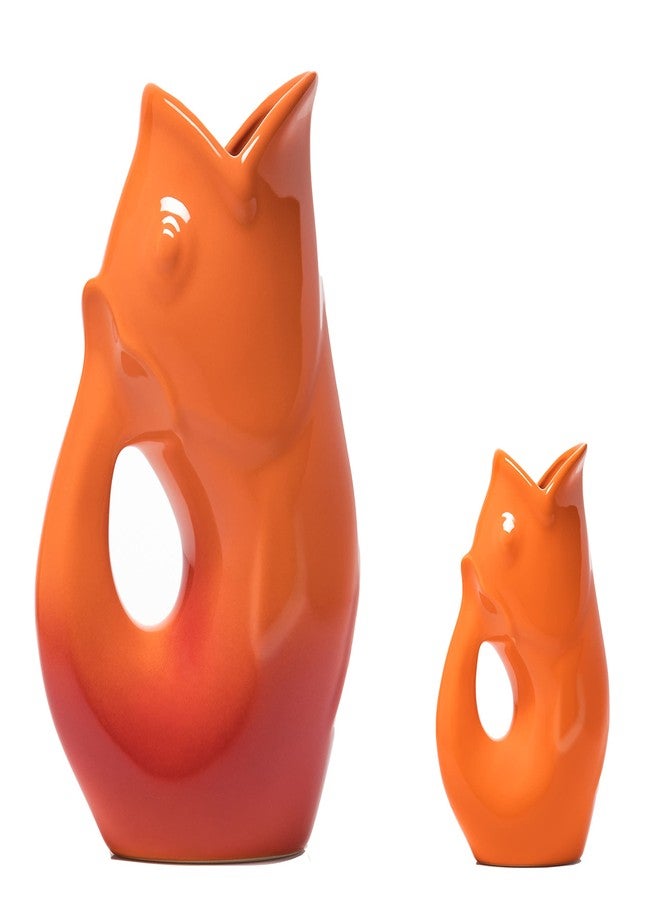 Gurgle Pot Fish Pitchers - Set of 2 - Large Gradient Orange Red (42 oz) with Orange Baby Gurgle Pot (3oz). Great Combination. - Image 1