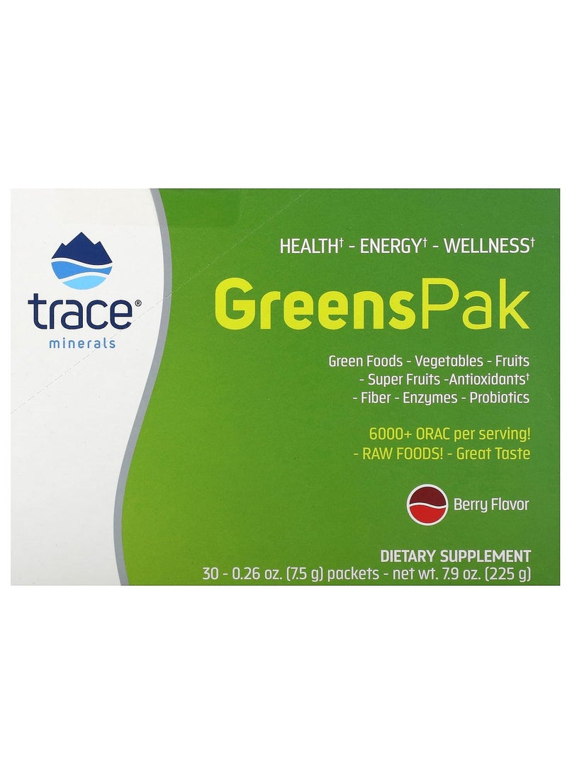 Trace Minerals Greens Pak, Berry, 30 Packets,  0.26 oz (7.5 g) Each