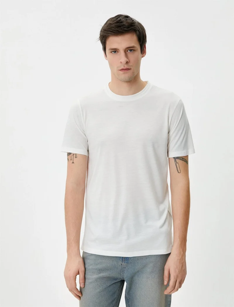 كوتون Koton 4SAM10276HK 000 White Men's Jersey Short Sleeve Basic T-Shirt