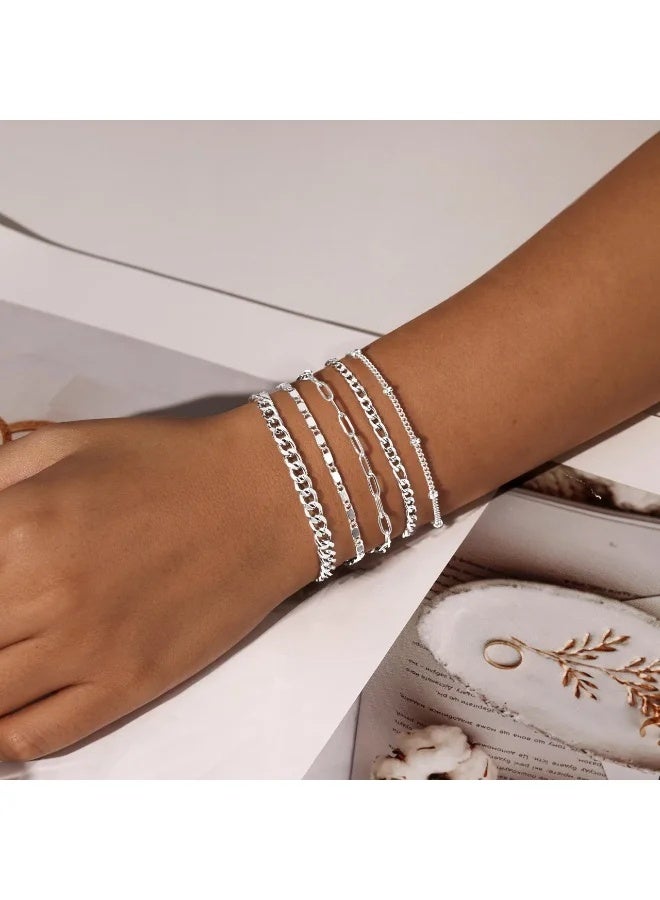 CAMSCH 5PCS Silver Bracelets Set for Women Non Tarnish Trendy,14K Gold Plated Dainty Stackable Paperclip Cuban Link Chain Bracelets, Simple Cute Cuff Bracelets Jewelry Set Adjustable 7"+2" - Image 4