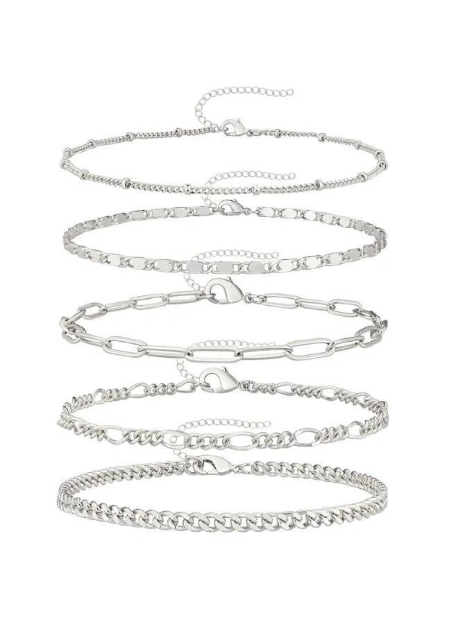 CAMSCH 5PCS Silver Bracelets Set for Women Non Tarnish Trendy,14K Gold Plated Dainty Stackable Paperclip Cuban Link Chain Bracelets, Simple Cute Cuff Bracelets Jewelry Set Adjustable 7"+2" - Image 1