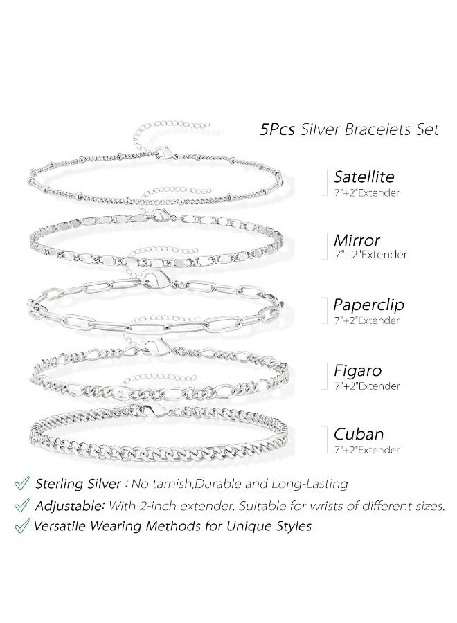 CAMSCH 5PCS Silver Bracelets Set for Women Non Tarnish Trendy,14K Gold Plated Dainty Stackable Paperclip Cuban Link Chain Bracelets, Simple Cute Cuff Bracelets Jewelry Set Adjustable 7"+2" - Image 2