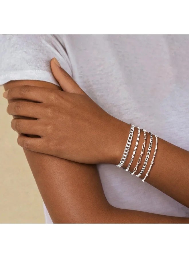 CAMSCH 5PCS Silver Bracelets Set for Women Non Tarnish Trendy,14K Gold Plated Dainty Stackable Paperclip Cuban Link Chain Bracelets, Simple Cute Cuff Bracelets Jewelry Set Adjustable 7"+2" - Image 5