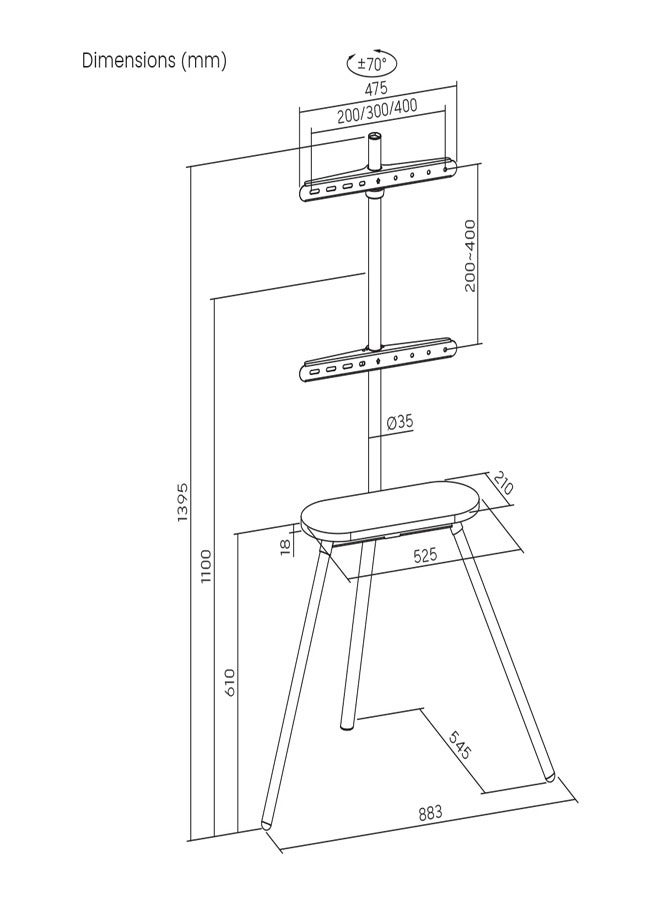 سكيل تك حامل تلفزيون أرضي SH 28 44F Easel Studio مع رف قماشي للشاشات مقاس 43-65 بوصة، VESA 400x400 مم، أقصى سعة تحميل 40 كجم - حامل تلفزيون ثلاثي القوائم بسيط أسود - Image 2