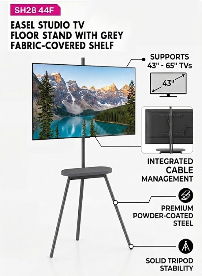 Skill Tech SH 28 44F Easel Studio TV Floor Stand with Fabric Shelf for 43–65 Inch Screens, VESA 400x400mm, Max Load Capacity 40kg – Minimalist Tripod TV Stand  Black - Image 1