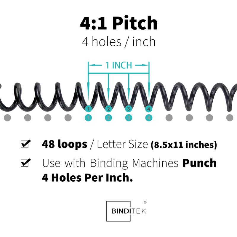 Binditek 100 Pack Plastic Spiral Binding Coils, Multi Size (14mm, 16mm, 20mm, 25mm) (9/16", 5/8", 13/16", 1"), 4:1 Pitch, Black, for Students and Coworkers - Image 3