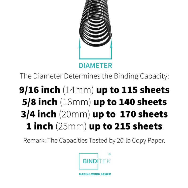 Binditek 100 Pack Plastic Spiral Binding Coils, Multi Size (14mm, 16mm, 20mm, 25mm) (9/16", 5/8", 13/16", 1"), 4:1 Pitch, Black, for Students and Coworkers - Image 2