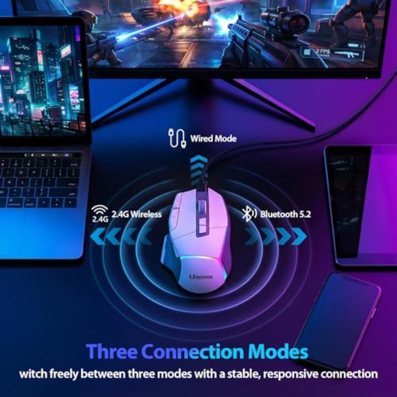 ماوس ألعاب للكمبيوتر الشخصي/Mac، وضع لاسلكي ثلاثي 2.4G/BT/سلكي، 24000 نقطة في البوصة، بطارية 500 مللي أمبير في الساعة، اقتراع 1000 هرتز، 10 أزرار قابلة للبرمجة، أسود، فائق الاستجابة - Image 4