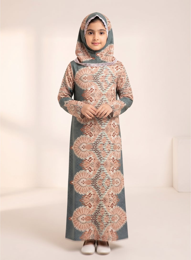 Kids Girls Prayer Esdall / Abaya Size 12 Patterned with Matching Sleeves and Hood - Islamic Prayer Dress - Image 1